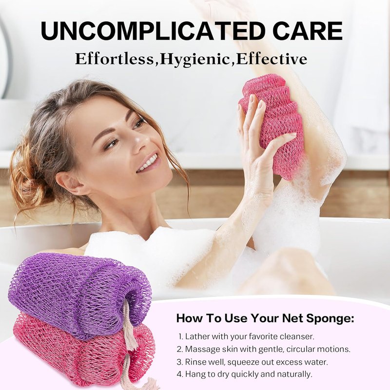 African Net Sponge Exfoliating Body Scrubber - 2-Piece Set for Deep Cleansing & Dead Skin Removal | Pink & Purple