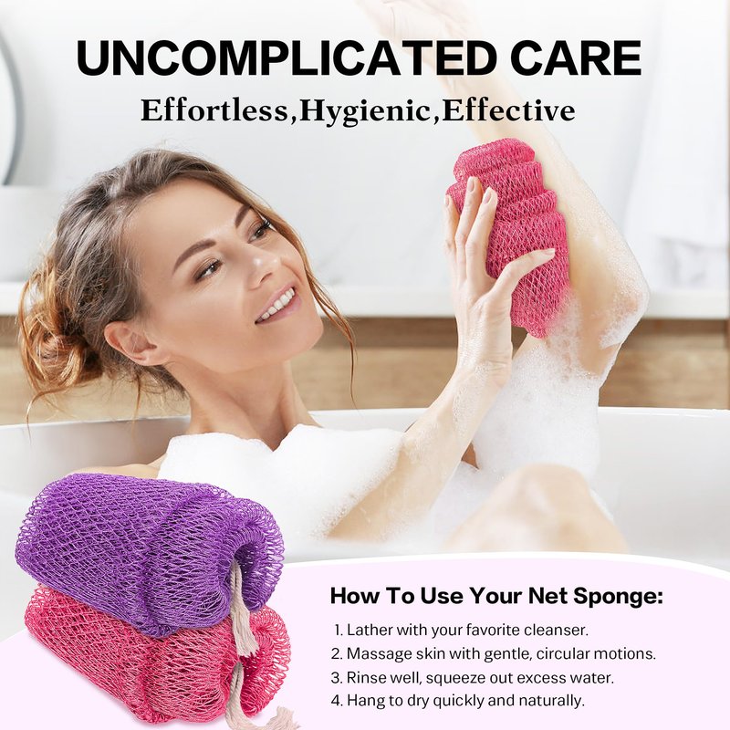 UJFQBH African Net Sponge Authentic 2-Pieces Exfoliating Body Scrubber for Shower & Bath, Deep Cleansing Lather for Dead Skin Removal, Back Scrubber for Women & Men (Pink 、Purple