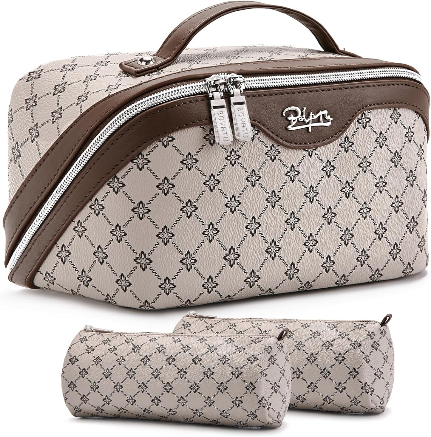 Travel Makeup Bag Set - 3 Pcs Large Capacity Vegan Leather Cosmetic Organizer | Khaki