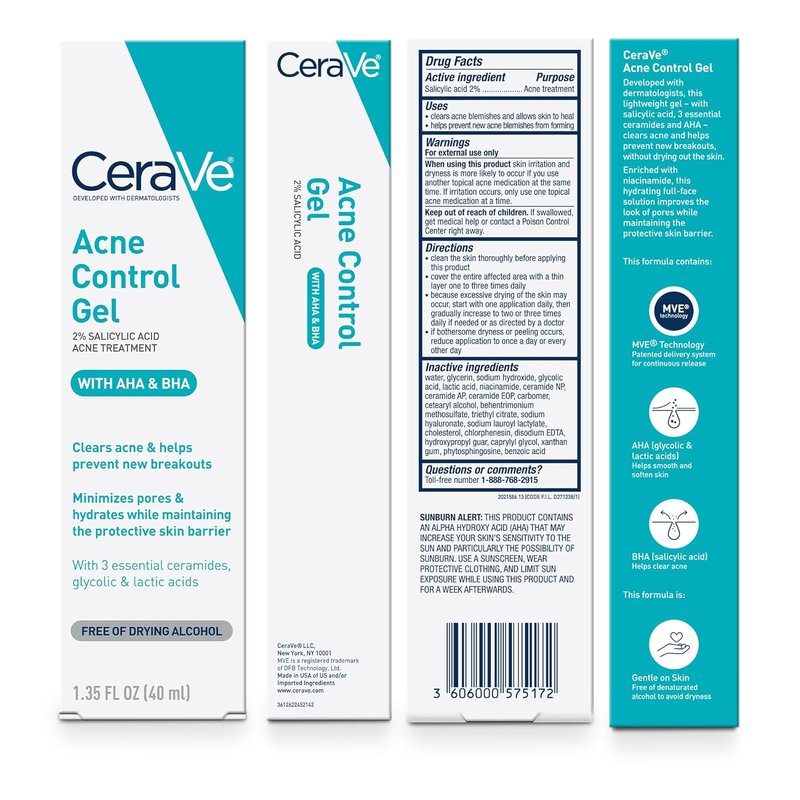CeraVe Acne Control Gel - 2% Salicylic Acid Treatment with Glycolic & Lactic Acids | 1.35 Fl Oz