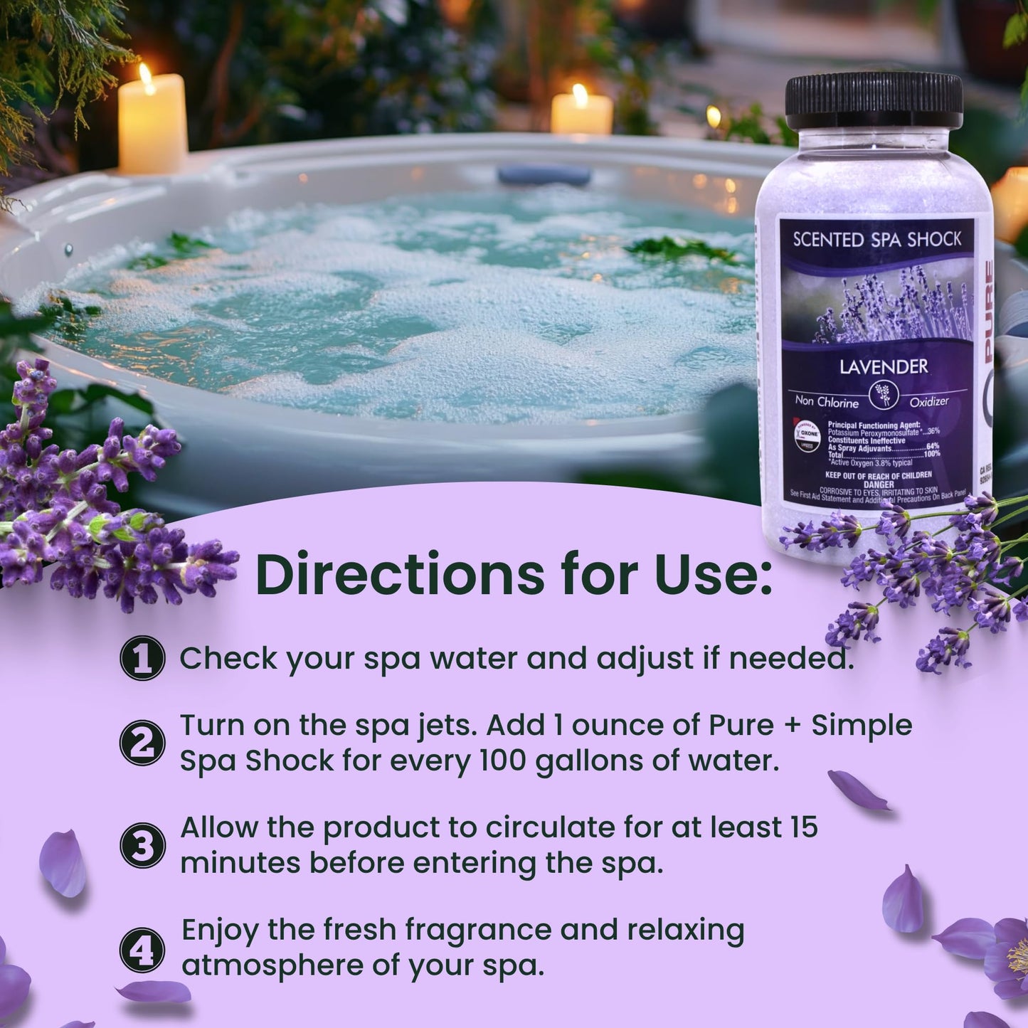 Lavender Aromatherapy Spa Shock for Hot Tubs & Spas | Non-Chlorine Oxidizing Hot Tub Shock Treatment | Compatible with Bromine Tablets & Chlorine | Neutralizes Odors & Clarifies Water (2 lbs)