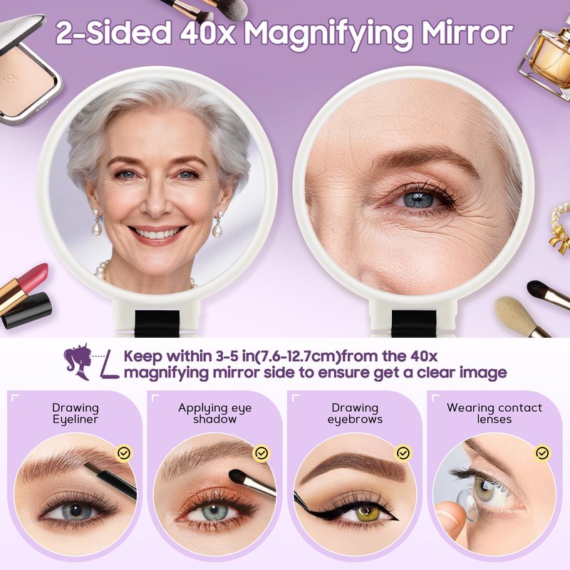 B Beauty Planet 40X Magnifying Mirror, Hand Mirror with Handle, Double Sided Hand Mirror with 40X/1X Magnification, Travel Essential Portable Foldable Makeup Mirror for Precision Makeup White