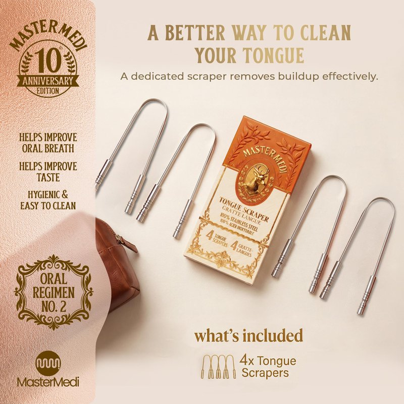 MasterMedi Tongue Cleaner Tongue Scraper Surgical Grade Stainless Steel Tongue Brush Dental Kit Professional Eliminate Bad Breath With Non-synthetic Grip (Family Pack (4 pcs)