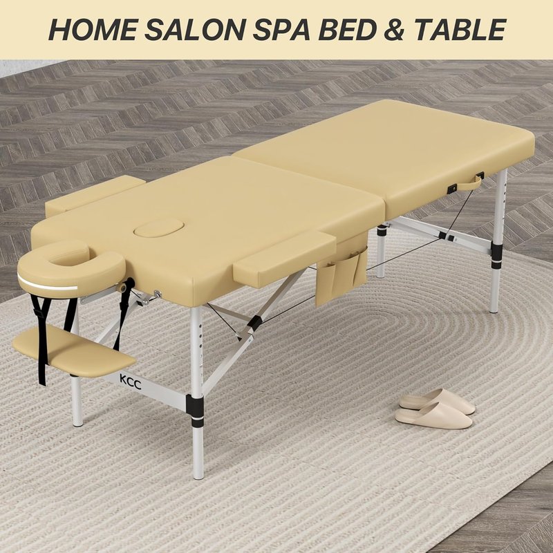 KCC Memory Foam Portable Massage Table - Foldable Height Adjustable Lash Bed | 28" Wide, Lightweight Aluminum, Beige