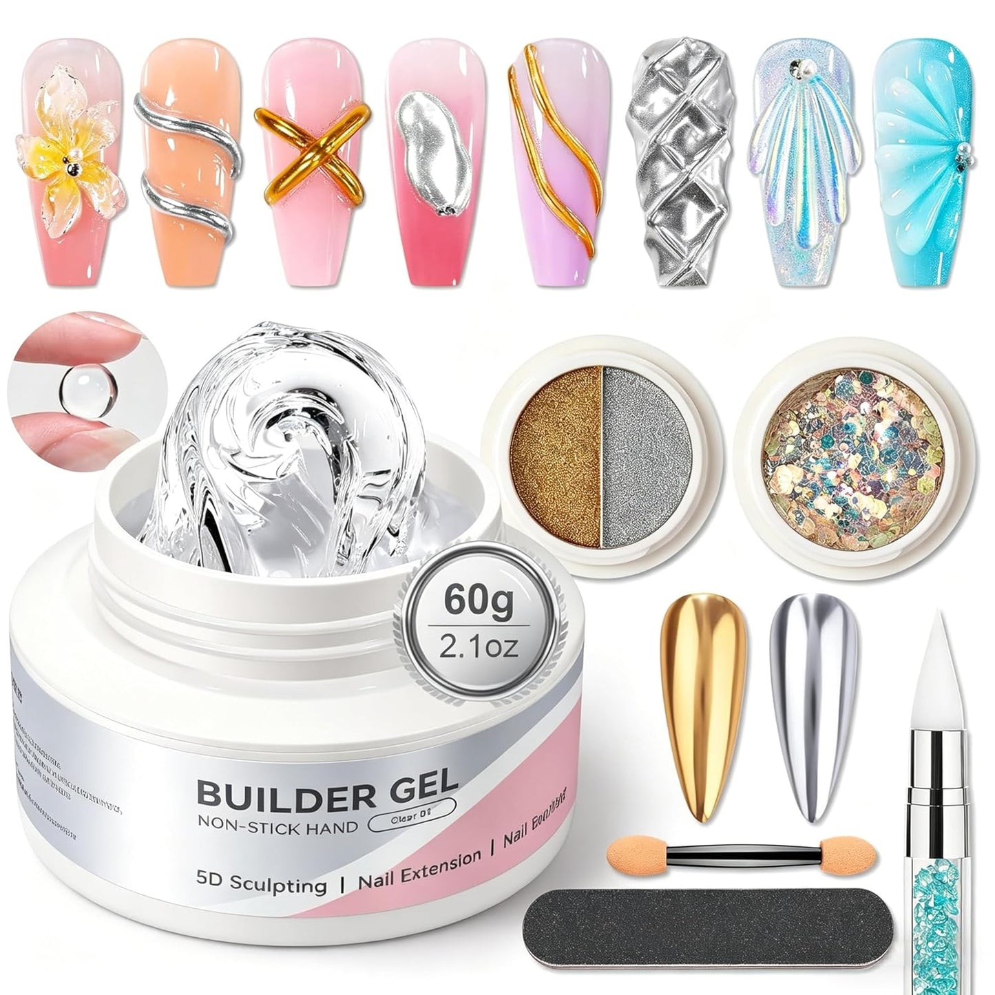 Solid Hard Builder Gel for Nails - 60g Professional 3D Sculpting & Extension Gel with Sequins & Chrome Powder | Non-Sticky Soak Off Formula