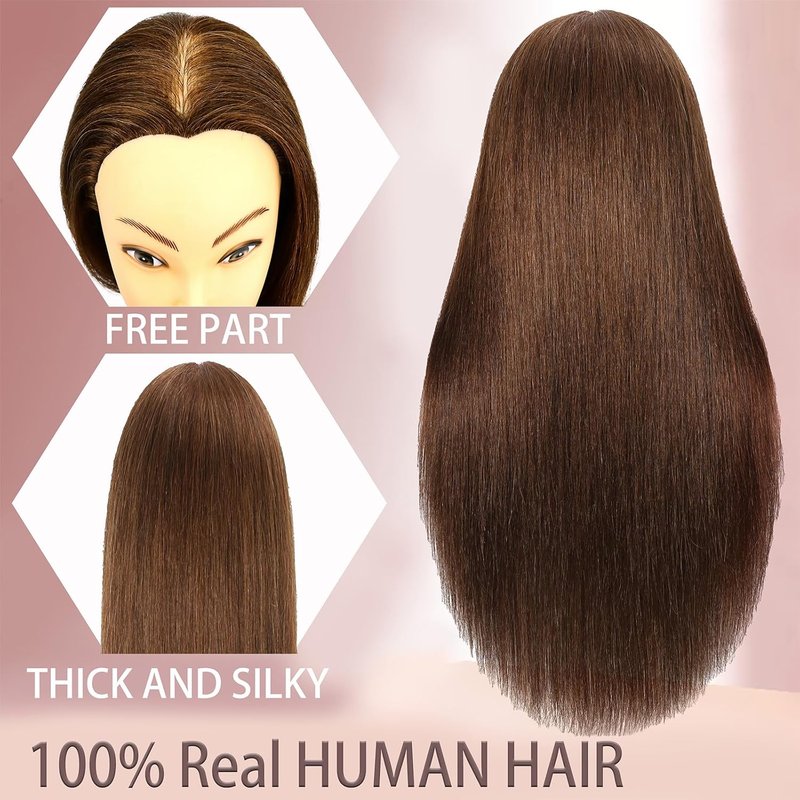 Real Hair Mannequin Head - 20” Nature Brown Cosmetology Training Doll with Clamp & Comb