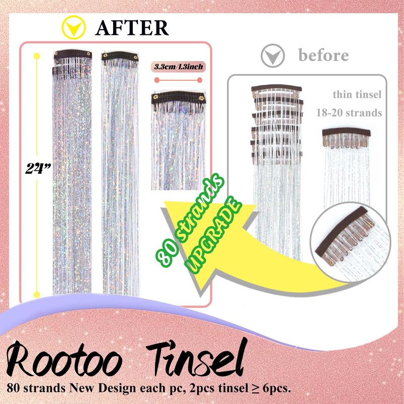 Hair Tinsel Clip in Silver Fairy Hair Tinsel Kit, 12 Pcs 24 Inch Glitter Clip in Hair Extensions for Girls Women Kids Christmas New Year Festival Party (Silver)