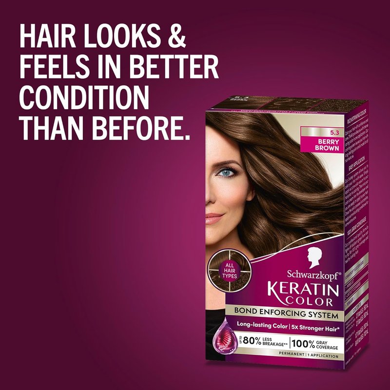 Schwarzkopf Keratin Hair Dye Cream - 5.3 Berry Brown | Professional Gray Coverage & Bond Enforcing System