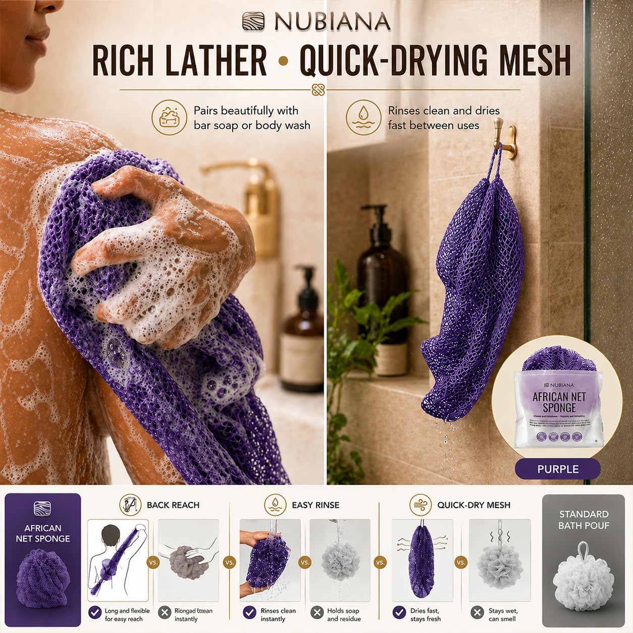 Nubiana African Net Sponge Authentic with Knots, 45 Inch Handwoven Nigerian Exfoliating Body Sponge with Handles, Quick-Drying Nylon Mesh Body Scrubber, Reusable Bath Sponge (Purple)