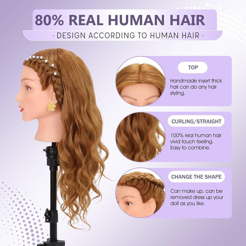 Human Hair Mannequin Head - 80% Real Hair for Cosmetology | 26-28” Blonde Styling & Braiding Head with Clamp Tools
