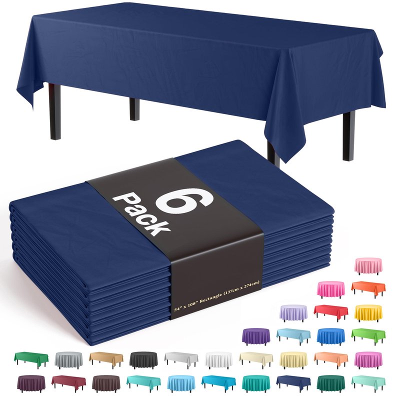 Exquisite Party Solids 6-Pack Premium Plastic Tablecloth 54in. x 108in. Rectangle Plastic Table Cover - Navy
