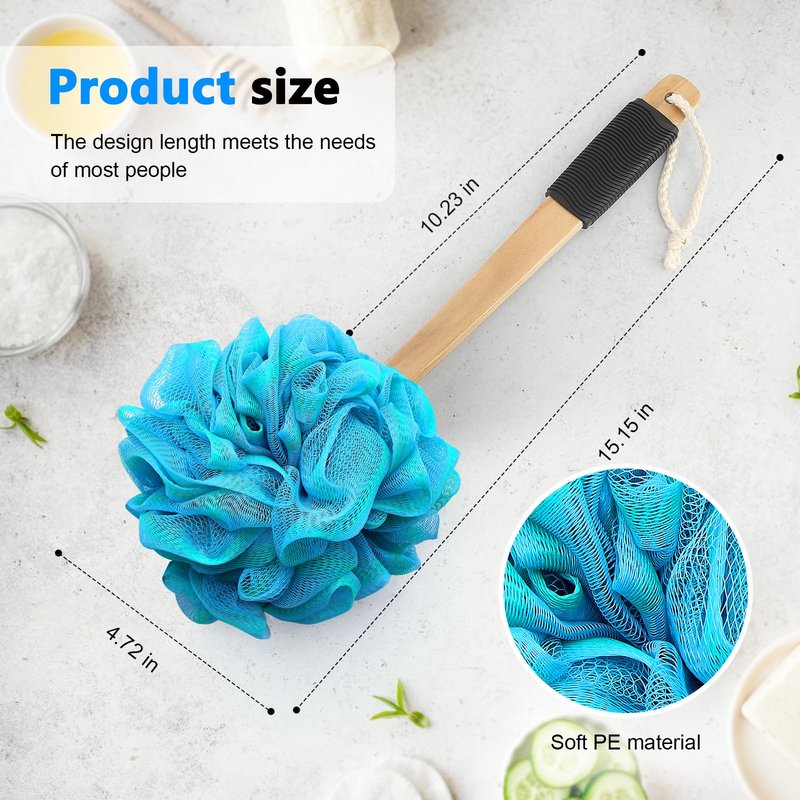 Loofah on a Stick PE Soft Mesh Luffa with Non-Slip Wooden Handle Made of Soft and Sturdy Rubber Material Back Scrubber for Shower for Women and Men with String for Easy Hanging(Green Blue)