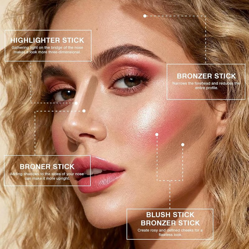 Skiennix Cream Contour Stick Set - 3 Pcs with Highlighter, Blush & Bronzer | Lightweight, Long-Lasting Finish in Light Medium