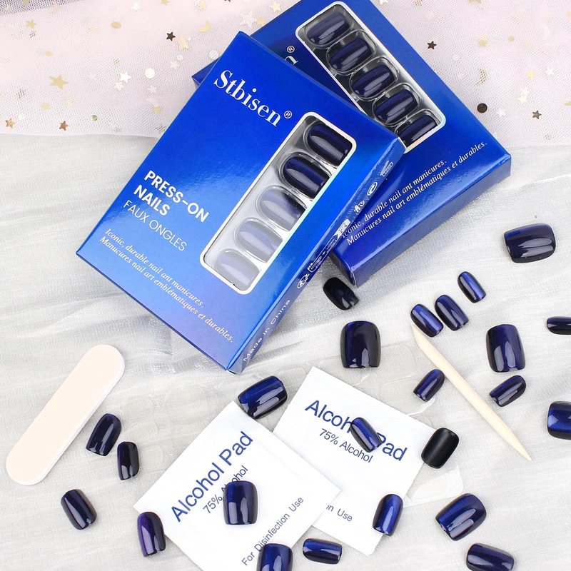 Dark Blue Press On Nails - Short Cat Eye Fake Nails with Color-Shifting Glow | 30 Nail Kit, Reusable, 15 Sizes, Thick Glue
