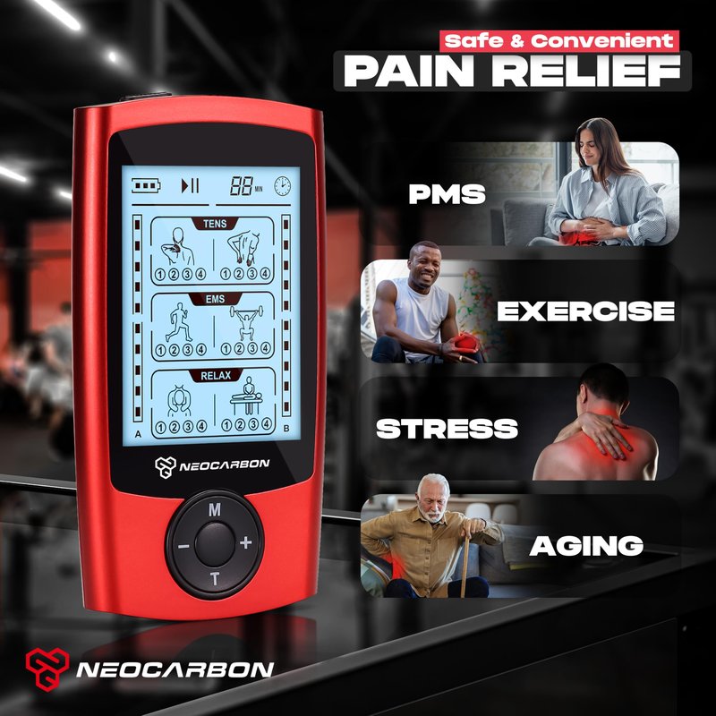 NEOCARBON TENS Unit Muscle Stimulator, Massager Machine for Shoulder, Neck, Sciatica and Back Pain Relief, Electronic Pulse Massage Physical Therapy, Red