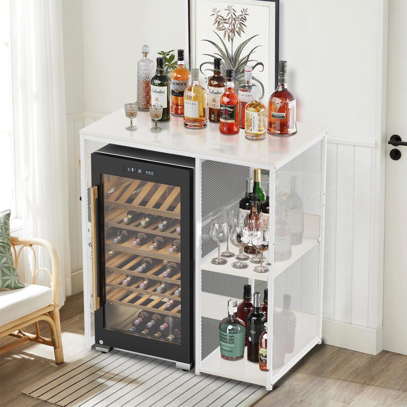 KirKical 3-Tier Coffee Bar Cabinet with Mini Fridge Space, Simple Style Microwave Stand Bakers Rack, Utility Compact Refrigerator Storage Organizer for Home Kitchen Dorm, White