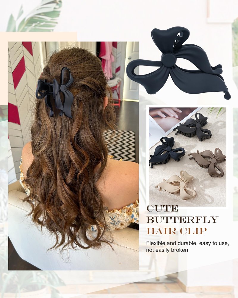 4 PCS Bow Hair Clips Bow Claw Clip for Women, Large Hair Claw Clips for Thin Thick Long Hair Cute Nonslip Bows (Black+Grey+Dark Brown+Light Brown)