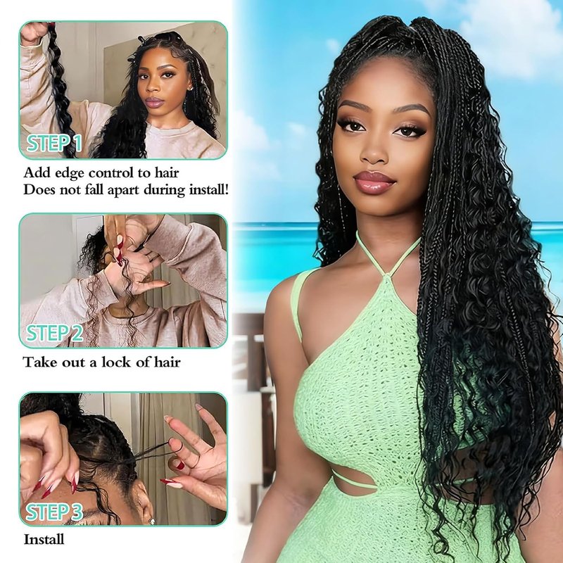 16 Inch Water Wave Human Hair Extensions - Boho Braids, 110g Knotless, 100% Virgin Natural Black | 3 Bundles