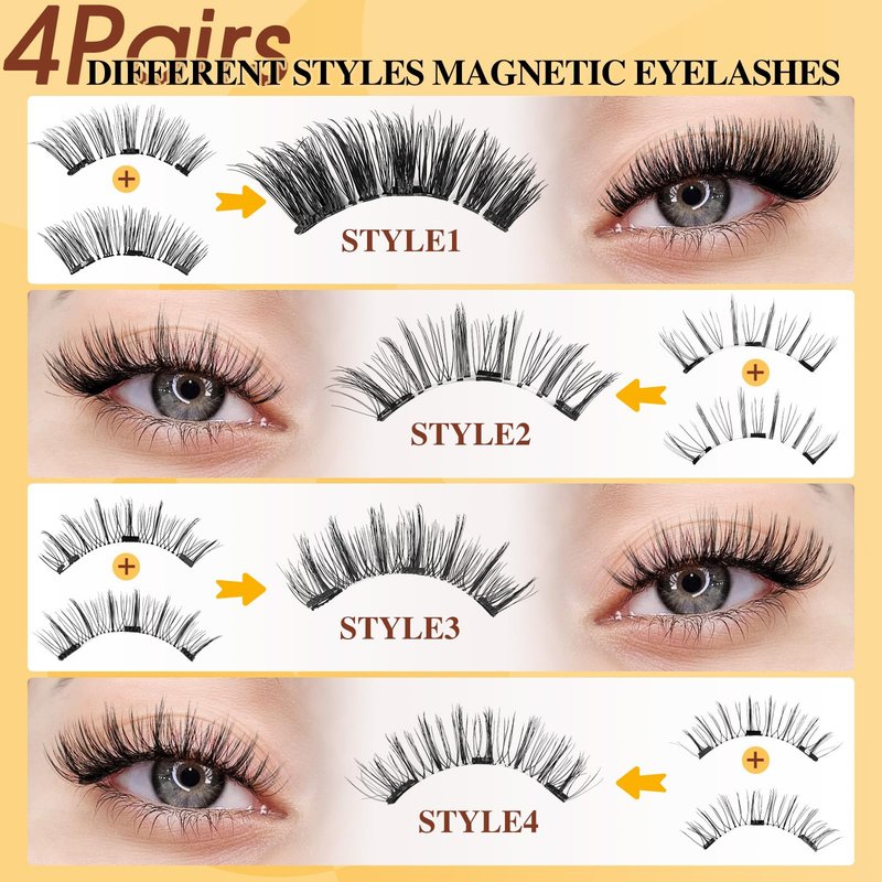 QUEWEL Magnetic Eyelashes 4 Pair Reusable Magnetic Eyelashes with Applicator No Glue Needed Eyelashes Natural Look Lash Clusters Kit Easy to Wear and Remove(4 Pairs-B08)
