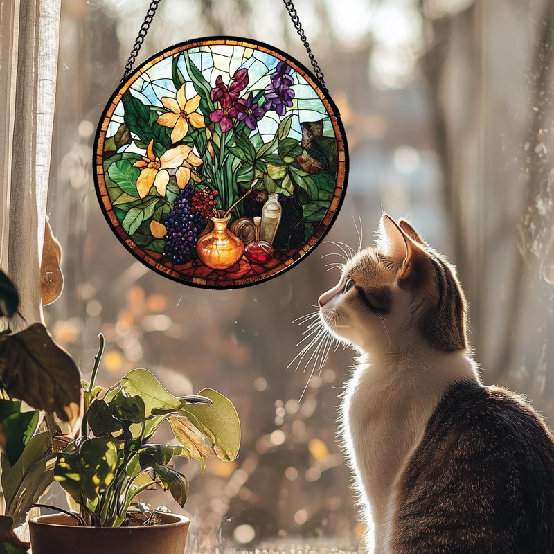 QZQCBLC Stained Glass Window Hanging Berry Plant Purple Yellow Flowers in Vase 7.8" - Suncatcher Door Garden Sun Catcher Home Decor Birthday Christmas for Mom Men Woman Nana