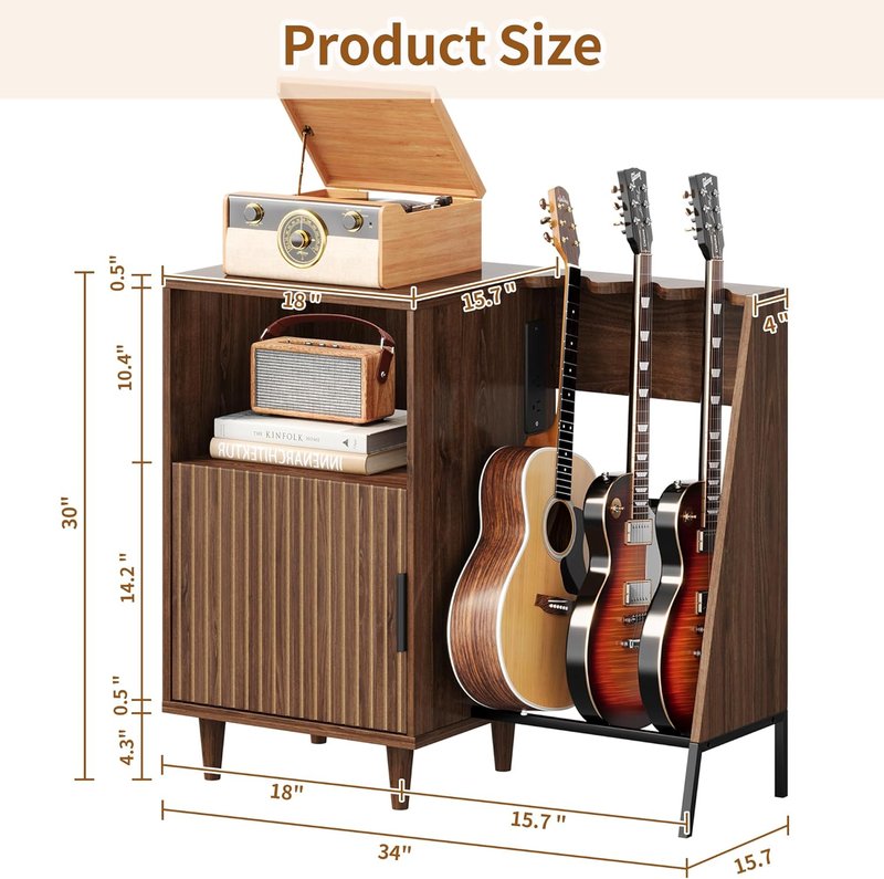 Guitar Stand with Vinyl Record Storage - Multi-Guitar Holder & Power Outlet | Ideal for Acoustic, Electric, Bass, Amp