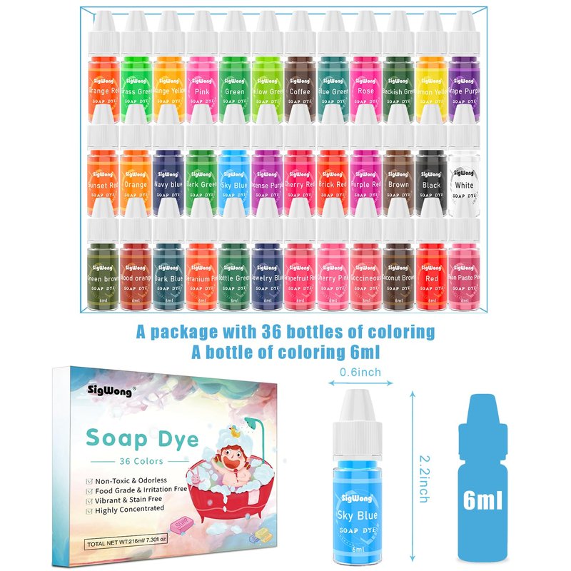 Bath Bomb Soap Dye - 36 Colors Concentrated Food Grade Skin Safe Liquid Based Colorant Vibrant Rainbow Coloring for Making DIY, Supplies Kit, Salt Crafting