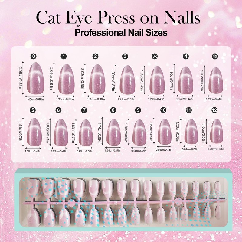 Cat Eye Press-On Nails - 300 Pcs Glossy Glitter Medium Almond Soft Gel Nail Tips | Reusable in 15 Sizes