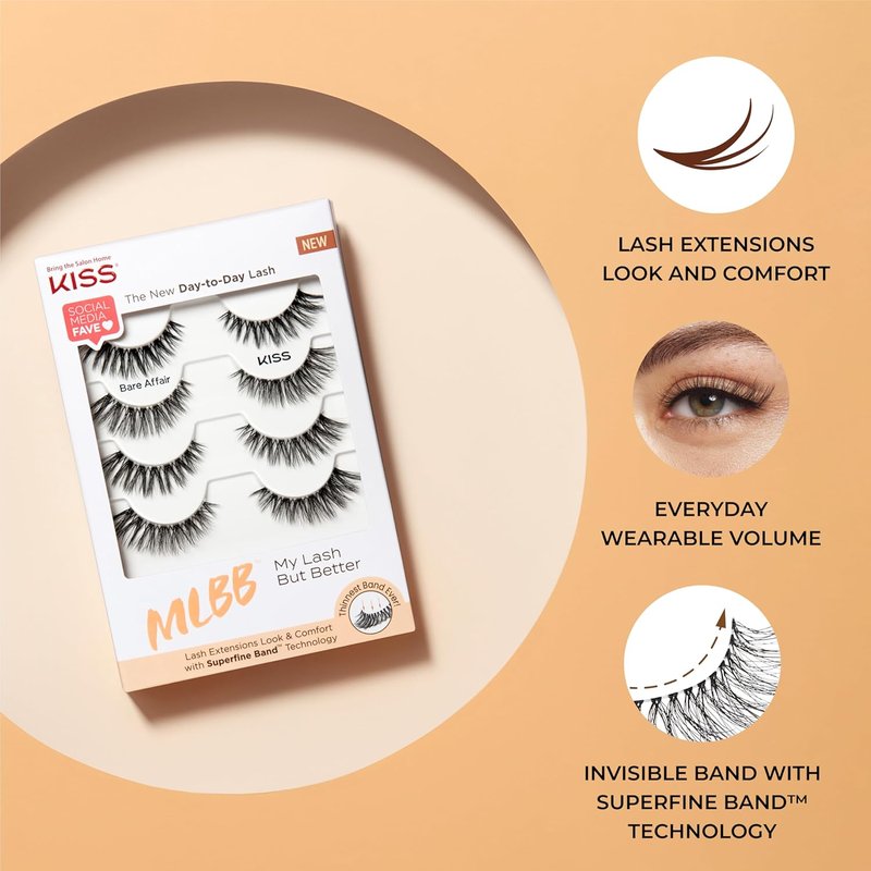KISS False Eyelashes Multipack - 'Bare Affair' 12mm | Superfine Band, Reusable & Comfortable Strip Lashes (4 Pairs)