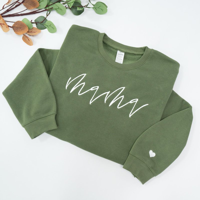 Nani - Mama Mom Mommy Embroidered Crewneck Sweatshirt Heart On Sleeve for Women - Gifts For New Mom Mama Birthday Christmas Mothers Day Valentine Embroidery Pullover Sweater Shirt Military Green