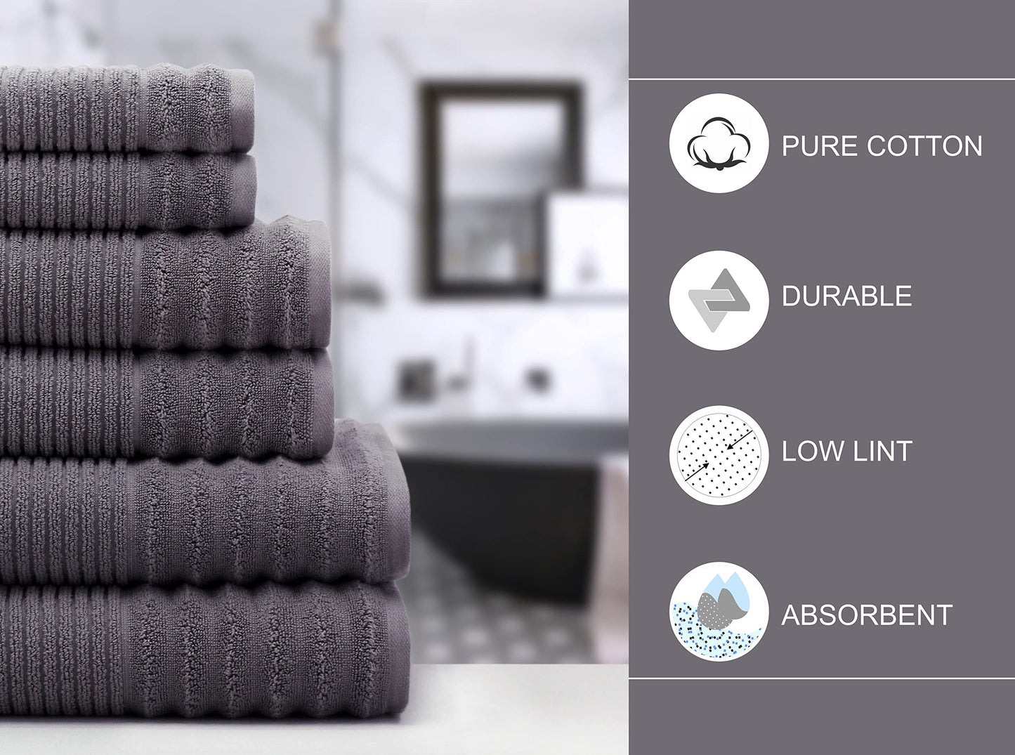 COTTON CRAFT 6 Piece Towel Set - 100% Cotton Plush 600 GSM Sculpted Super Zero Twist Pleated Ribbed Bathroom Towel Set - Soft Absorbent Luxury - 2 Bath Towel, 2 Hand Towel, 2 Washcloth - Charcoal Grey