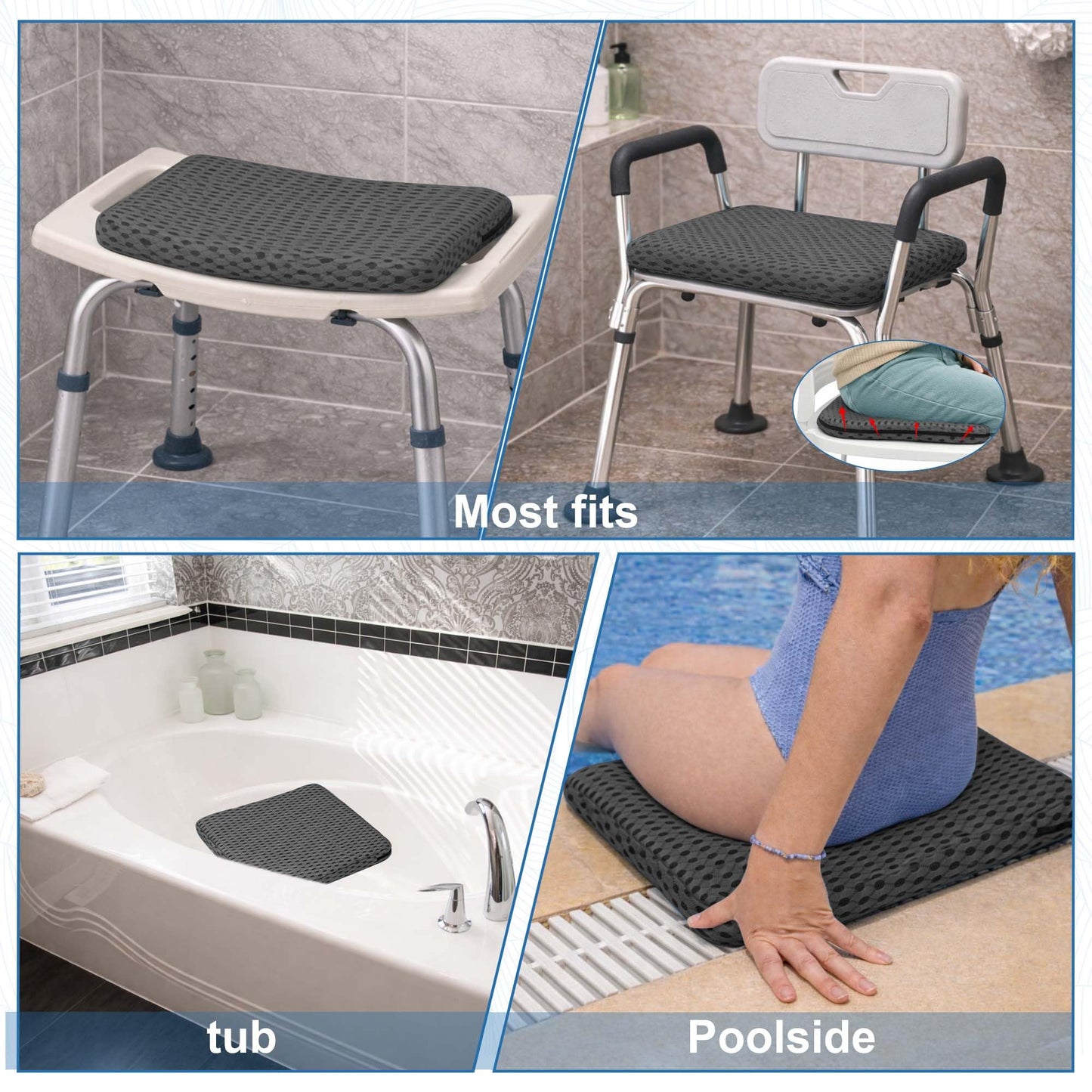 SPRING SEAON Shower Chair Cushion, Gel Shower Seat Cushion with Non-Slip Silicone Bottom, Quick-Dry Mesh Bath Seat Pad, Soft Washable Shower Bench Cushion for Seniors & Adults (Grey)