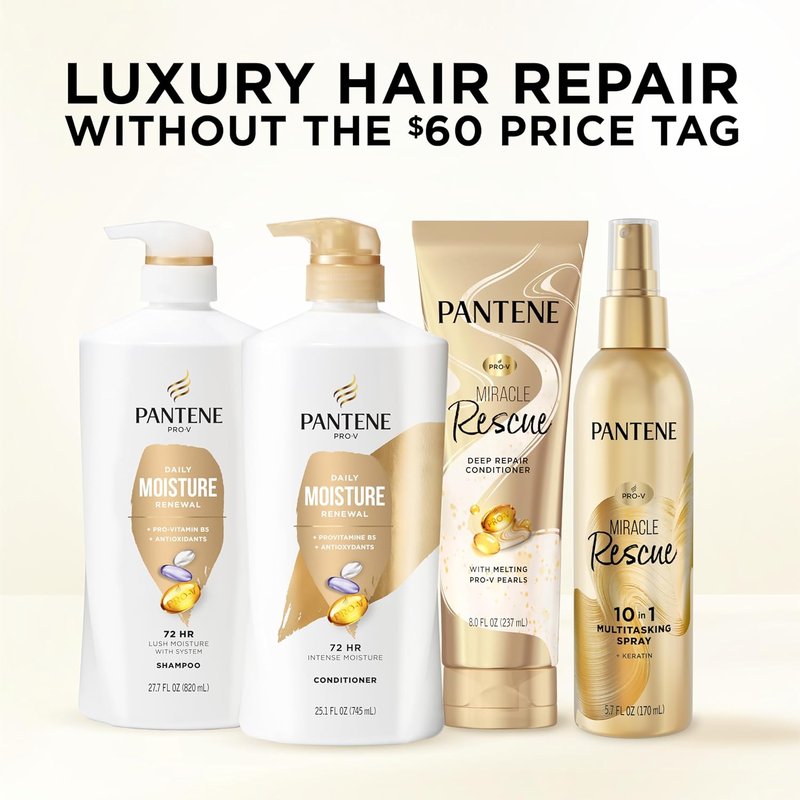 Pantene Daily Moisture Renewal Shampoo & Conditioner Set - Pro-V Nutrients for Hydration & Softness | 52.8 Oz Total + Miracle Rescue Shot (0.5 Oz)
