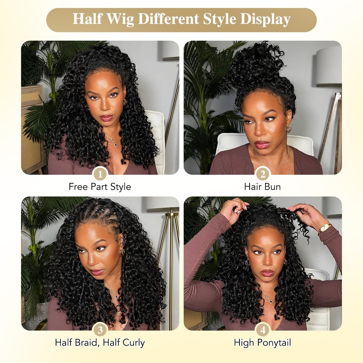 WIGNEE Burmese Curly Human Hair Half Wigs for Women 18 Inch 200% Density Glueless Deep Wave 3 In 1 Seamless Flip Over Half Wig Wear Go Drawstring Headband Wig with Spiral Ends Natural Color