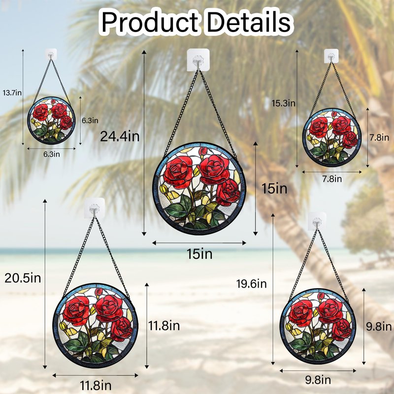 QZQCBLC Stained Glass Window Hanging Red Rose Flower 7.8" - Suncatcher Door Garden Sun Catcher Decor Birthday Anniversary Valentines Day Gifts for Woman Wife Men Her Him Lovers Girlfriend