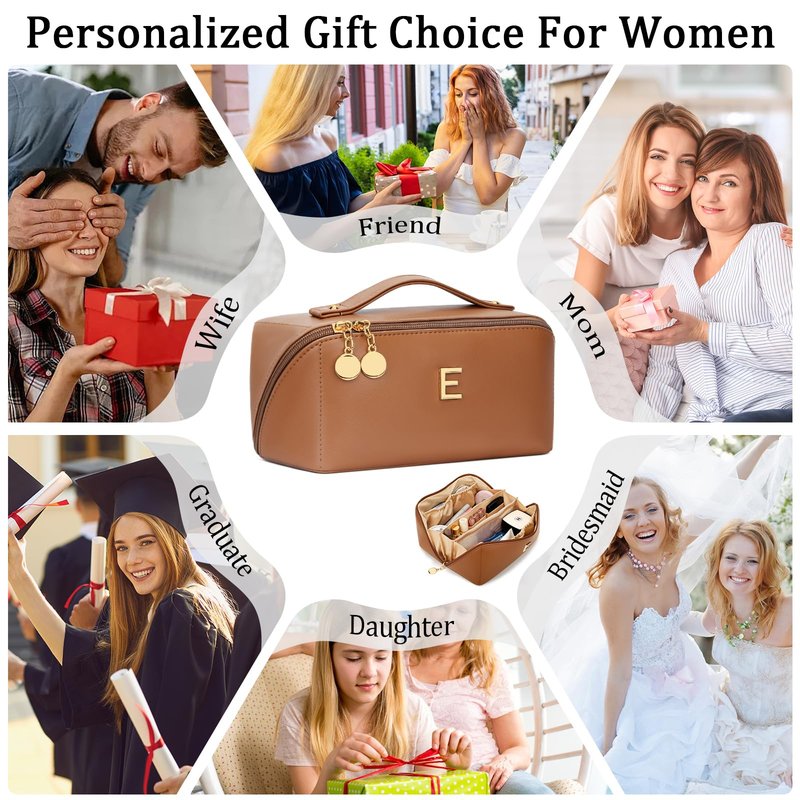 CLOUDWINGS Initial Makeup Bag Gifts for Women Bridesmaid Gifts Travel Toiletry Personalized PU Leather Waterproof Cosmetic Bag (Large-Brown-E)