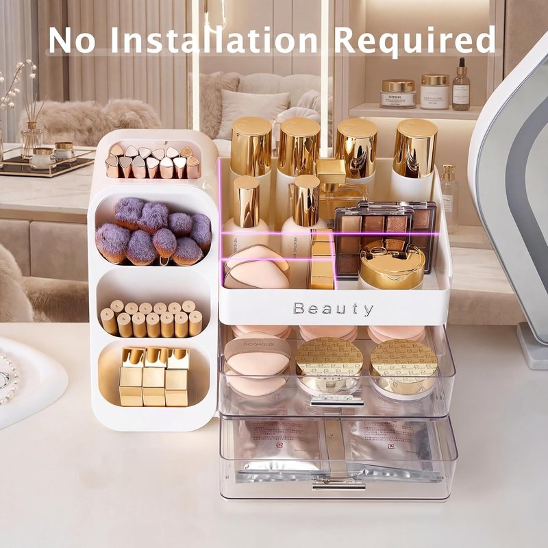 Skiennix Makeup Organizer - Spacious Vanity Storage with Brush Holder & Drawers for Cosmetics