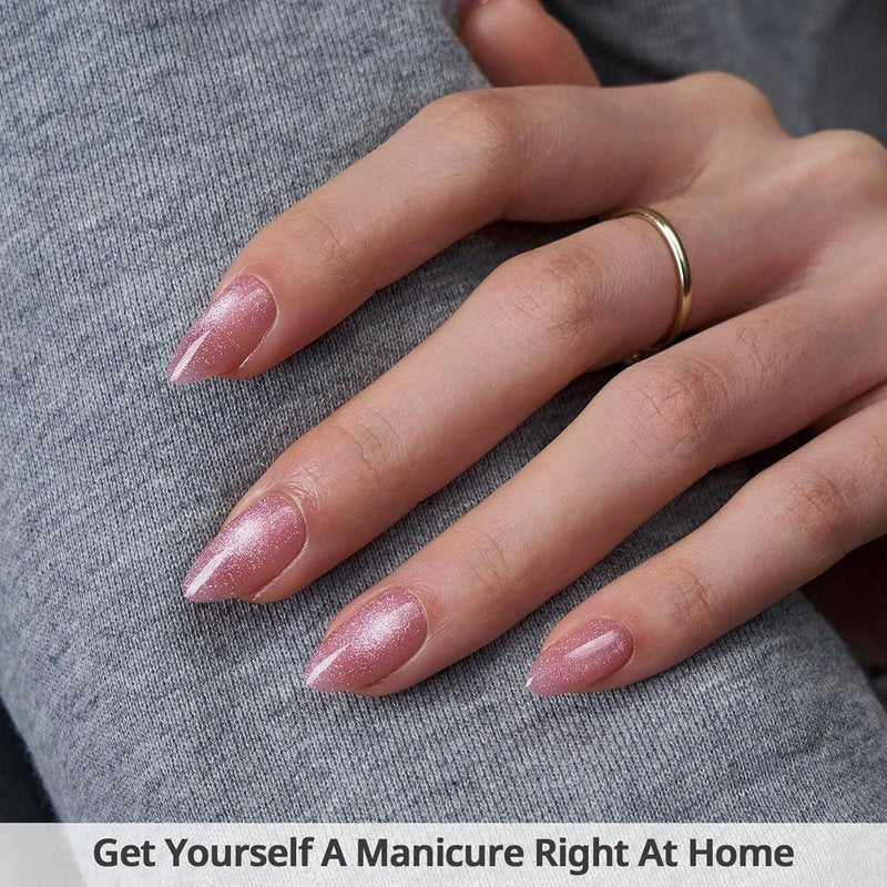 BTArtbox Press On Nails - Lamp-Curable Pink Cat Eye Almond Design | 32 Stick-On Nails Kit in 16 Sizes