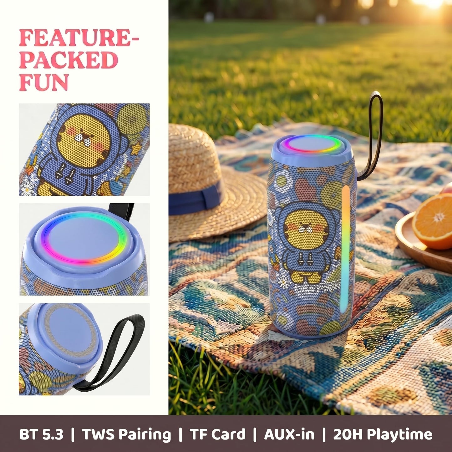 Cute Cartoon Bluetooth Speaker for Girls & Teens, Kawaii Portable Wireless Speaker with RGB Sync Lights, BT 5.3, TWS Pairing, IPX5 Waterproof, 20H Playtime, Birthday Gifts & Room Decor (Blue)