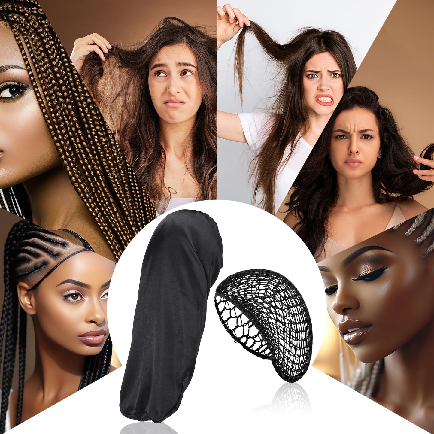 ZhouBoat Black Long Hair Bonnet with 3pcs Crochet Hair Nets Set Extra Long Wrap Cap Reusable Elastic Shower Cap for Braids Curly