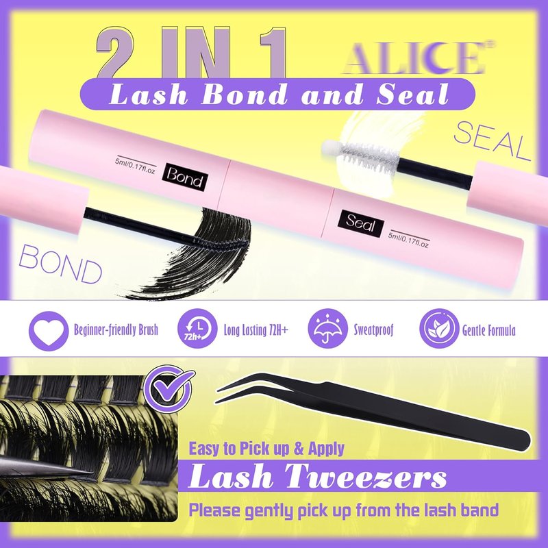 ALICE Eyelash Clusters Kit - 100D Thick Volume with Lash Glue & Tweezers | 228pcs D-Curly Extensions