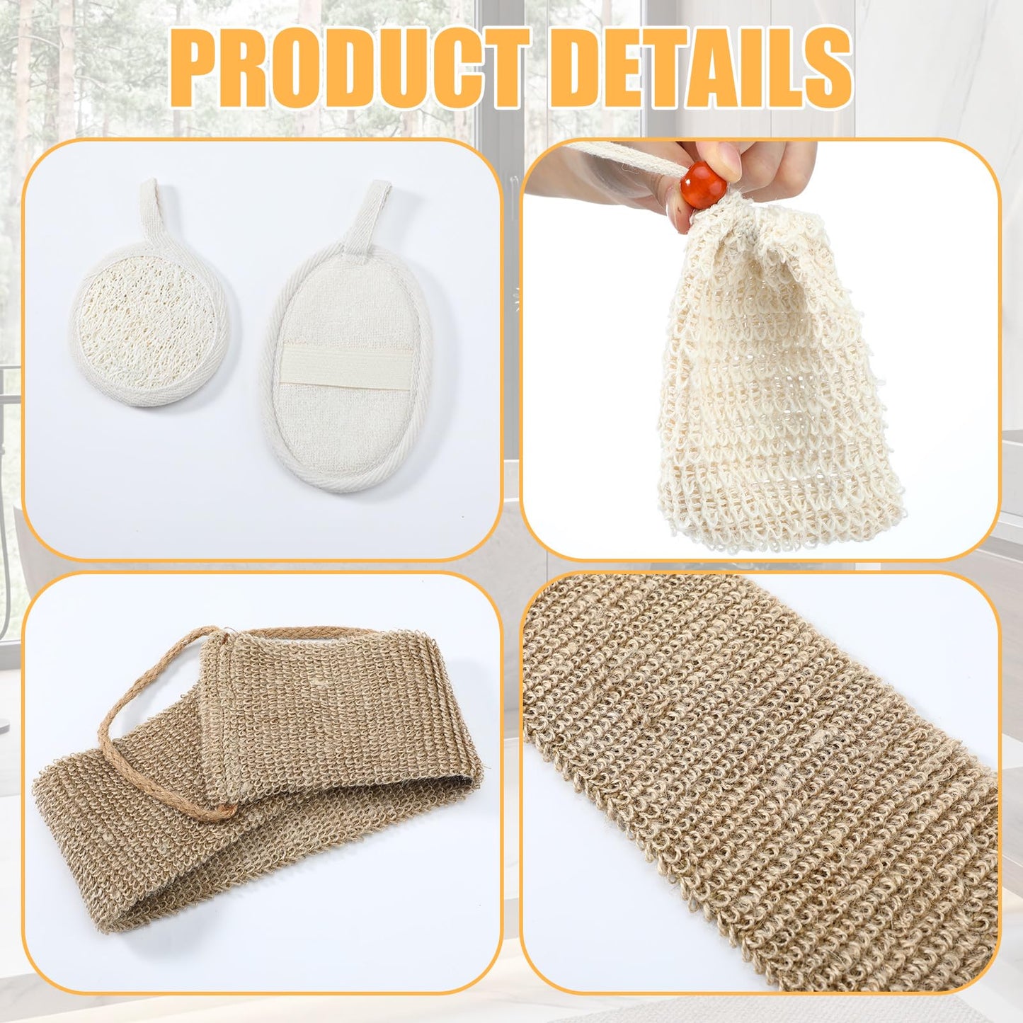 Geelin 8 Pack Natural Loofah Exfoliating Body Scrubber Set Shower Bath Glove Exfoliating Bath Scrubber Luffa Sponge Pads Mitts for Men and Women Body Back Deep Clean Remove Dead Skin