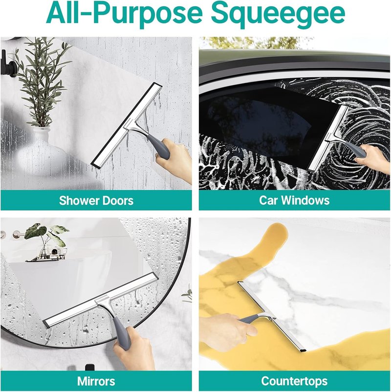 AmazerBath Shower Squeegee - Stainless Steel All-Purpose Squeegee for Glass Doors & Mirrors | 10-Inch Long Blade