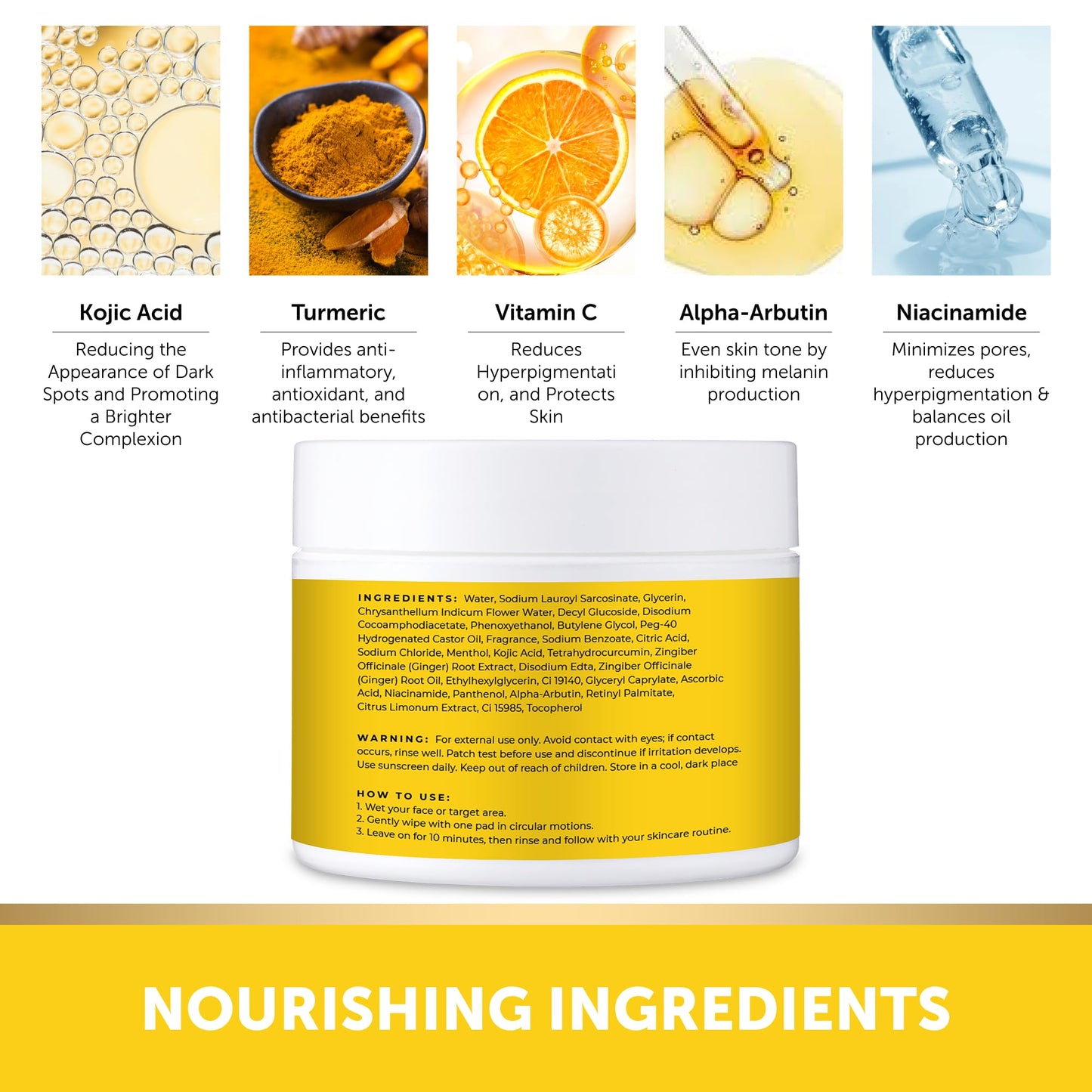 VALITIC Turmeric Kojic Acid Cleansing Pads - Exfoliating Dark Spot Remover for Face with Vitamin C, Alpha Arbutin, Niacinamide and Retinol - Kojic Acid And Turmeric Cleansing Pads - 60 Units
