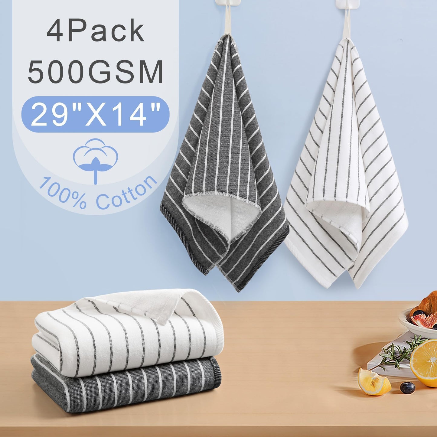 4-Pack Premium Cotton Hand Towels with Hanging Loops, 13x28 Inch – Ultra-Absorbent 450GSM Hand Towels for Bathroom, Soft Quick-Dry Face & Hand Towel Set, Durable Black & White Stripe Design
