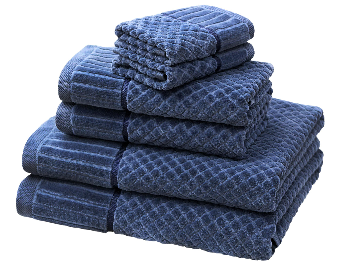 COTTON CRAFT 6 Piece Set - 100% Cotton Bathroom Towels - Soft Absorbent Sculpted Jacquard Velour Decorative - 550 GSM Luxury Guest - 2 Bath, 2 Hand, 2 Washcloth - Blue