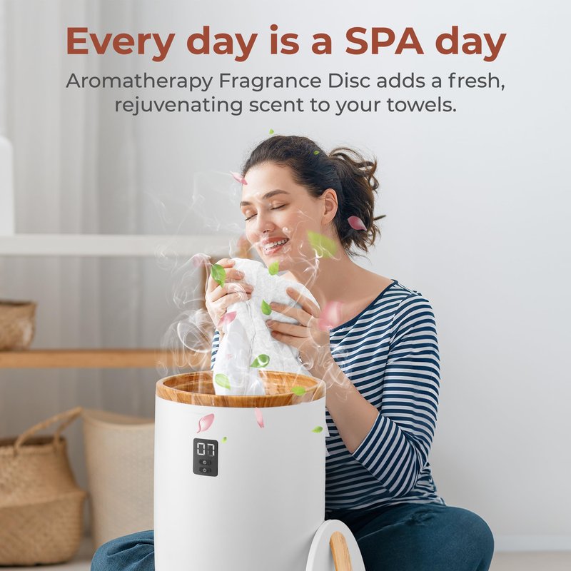 SereneLife Towel and Blanket Warmer - Single Touch Portable Towel Heater for Bathroom, Fragrant Disc Holder, LED Ring, 2 Large Towel Capacity, Built-in Timer (15-60 mins), Auto Shut-Off (White)