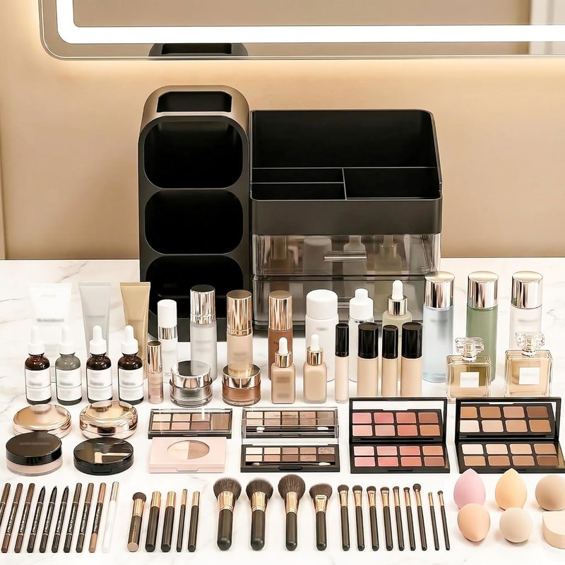 Makeup Organizer - Large Capacity Countertop Storage with Brush Holder | Thickened Material, Black