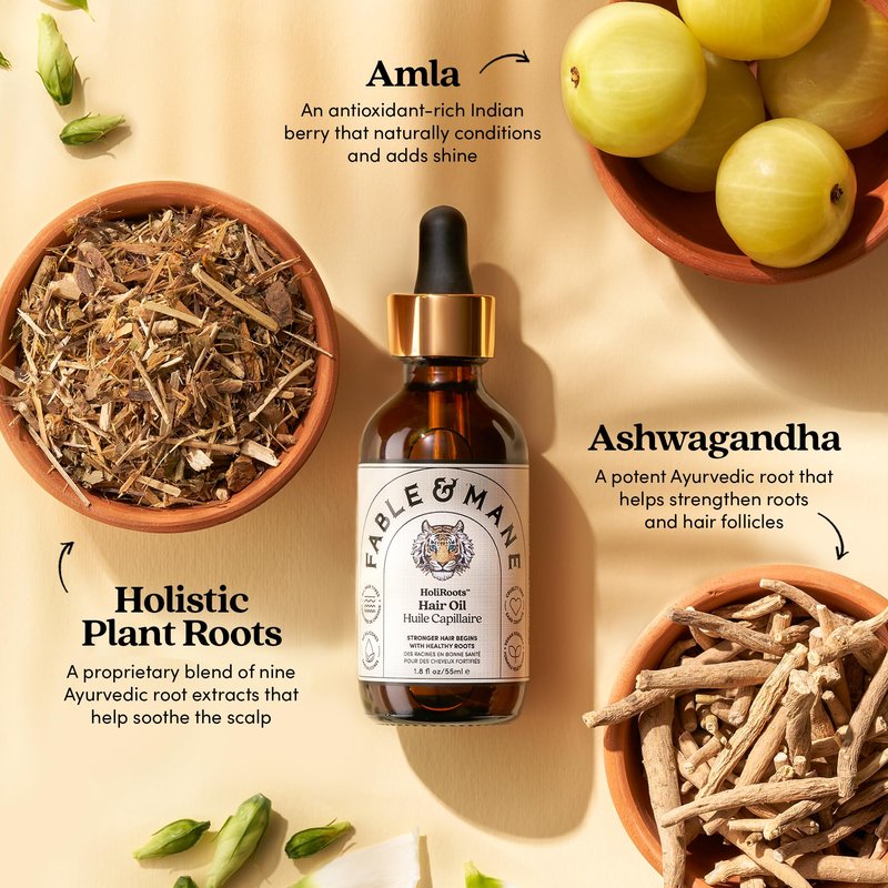 Fable and Mane Hair Oil - HoliRoots Strengthening Serum for Damaged, Frizzy Hair with Ashwagandha, Castor Oil & Scalp Treatment - 1.8FL oz