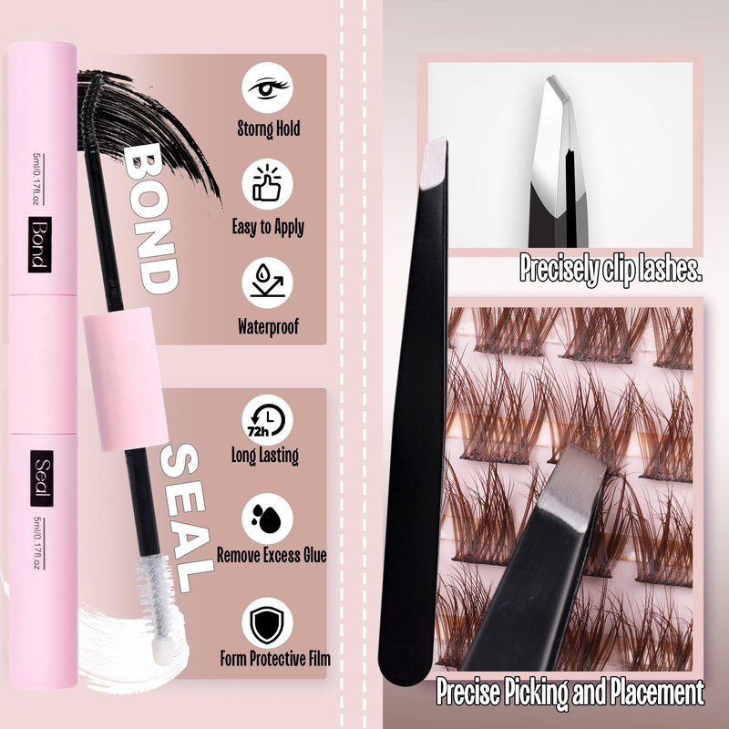Brown Lash Clusters Kit Natural Dark Brown Eyelash Extensions Kit Wispy Individual Lashes C-Curly Cluster Lashes Extensions with Bond and Seal Lash Glue and Eyelashes Tweezers Lash Kit