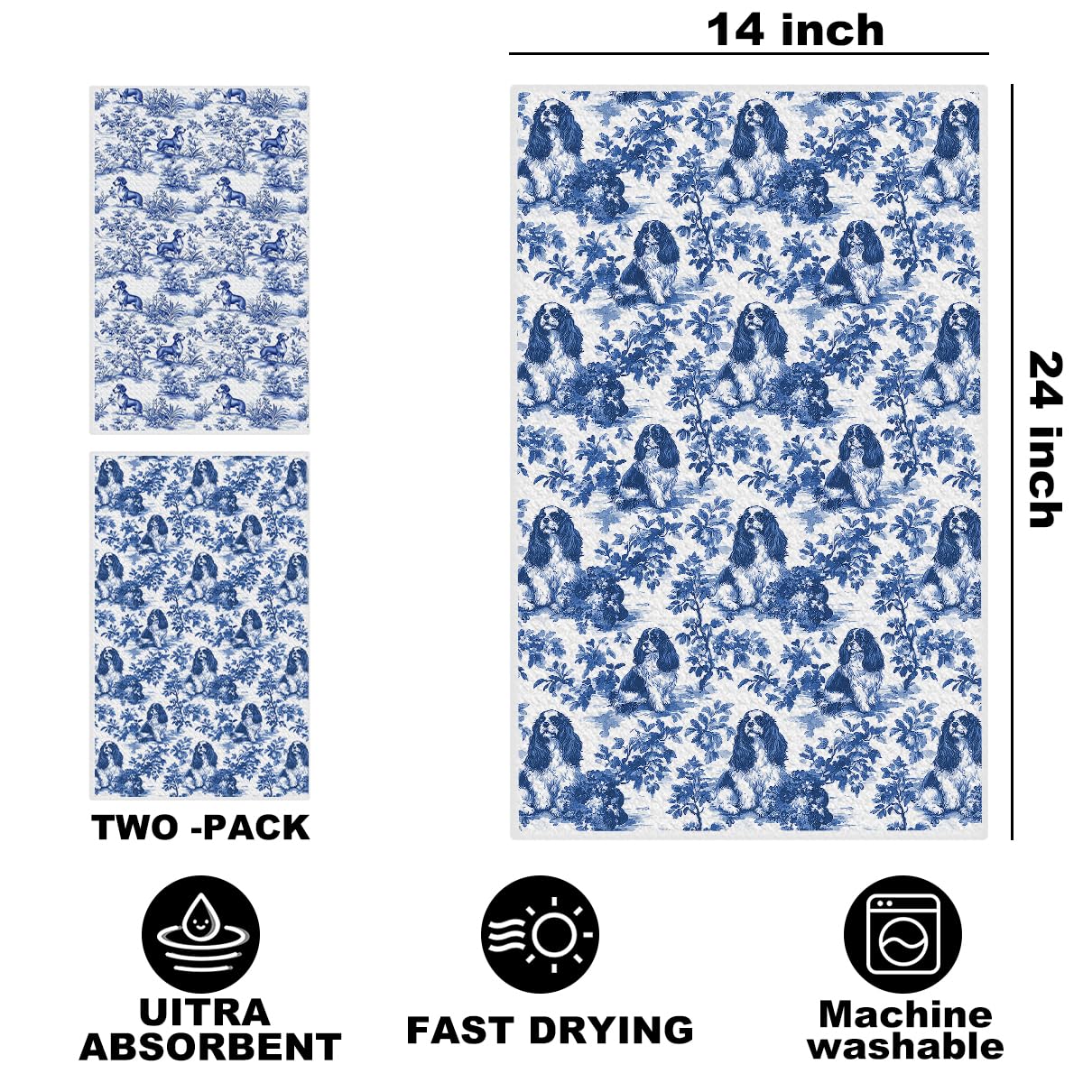 2 Pcs Chinoiserie Cavalier King Charles Spaniel Kitchen Towels 14x24 Inch, Blue and White Floral Dachshund Decorative Dish Tea Towels, Grand Millenial Botanical Dog Hand Towels for Kitchen Bathroom